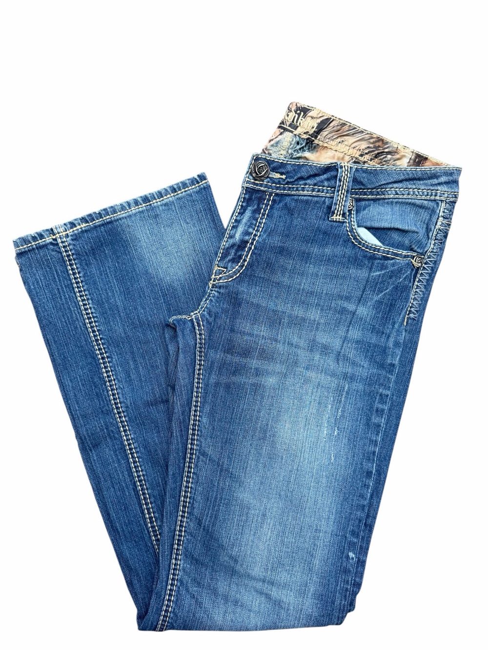 ADIKTD Low Rise Bootcut Jeans Size 10 W31 L33 Embroidered Pocket Thick Stitch
